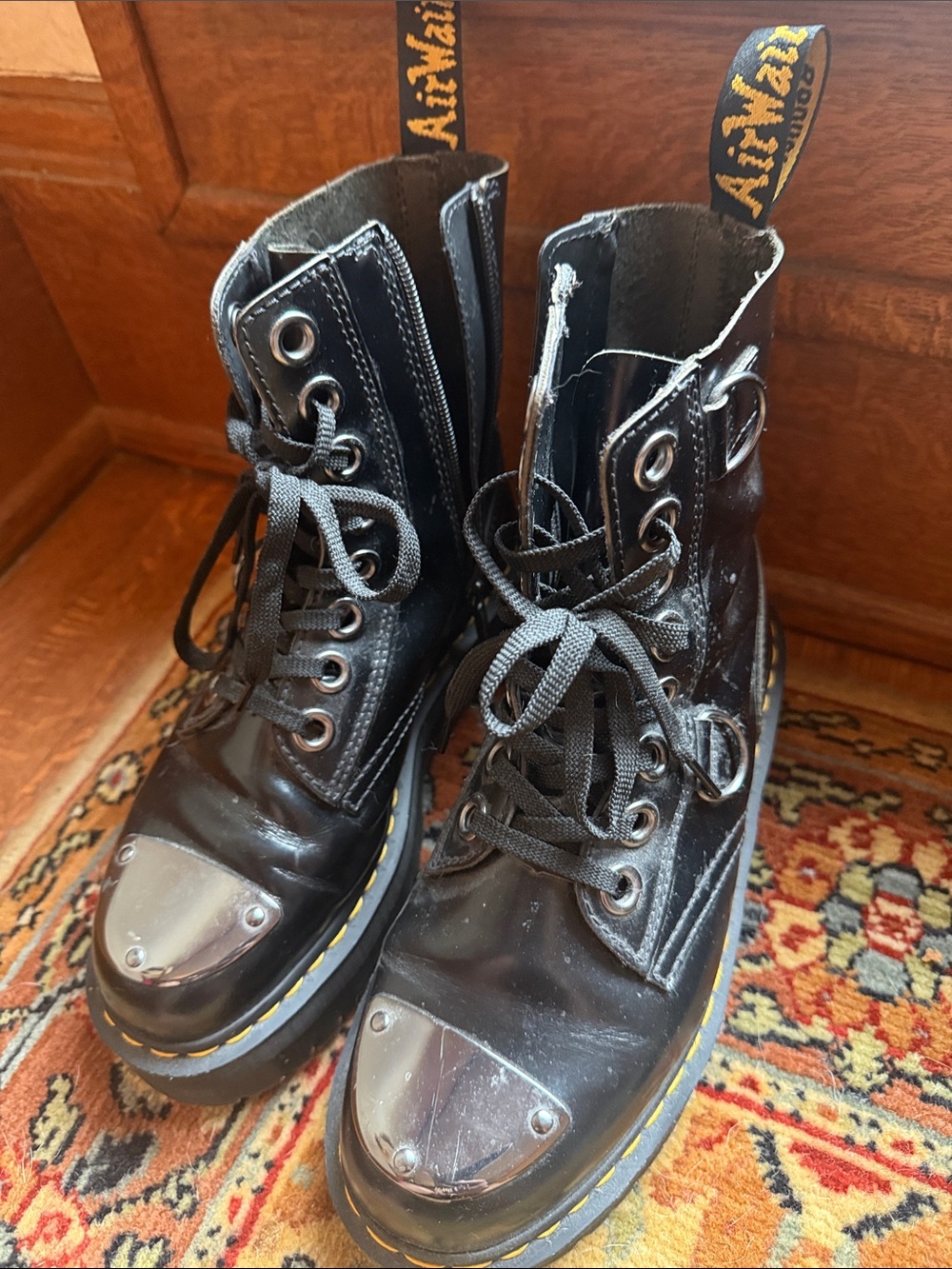 Dr. Martens Black Leather Lace-Up Combat Boots with Silver Toe Caps